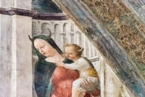 Particolare affresco della Madonna con corna nella Cappella Portinari, rappresentazione unica del "Miracolo della Falsa Madonna" di Vincenzo Foppa